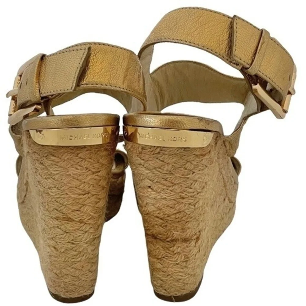 MICHAEL KORS Posey Gold Leather Espadrille Wedge Sandals Women 5.5 5